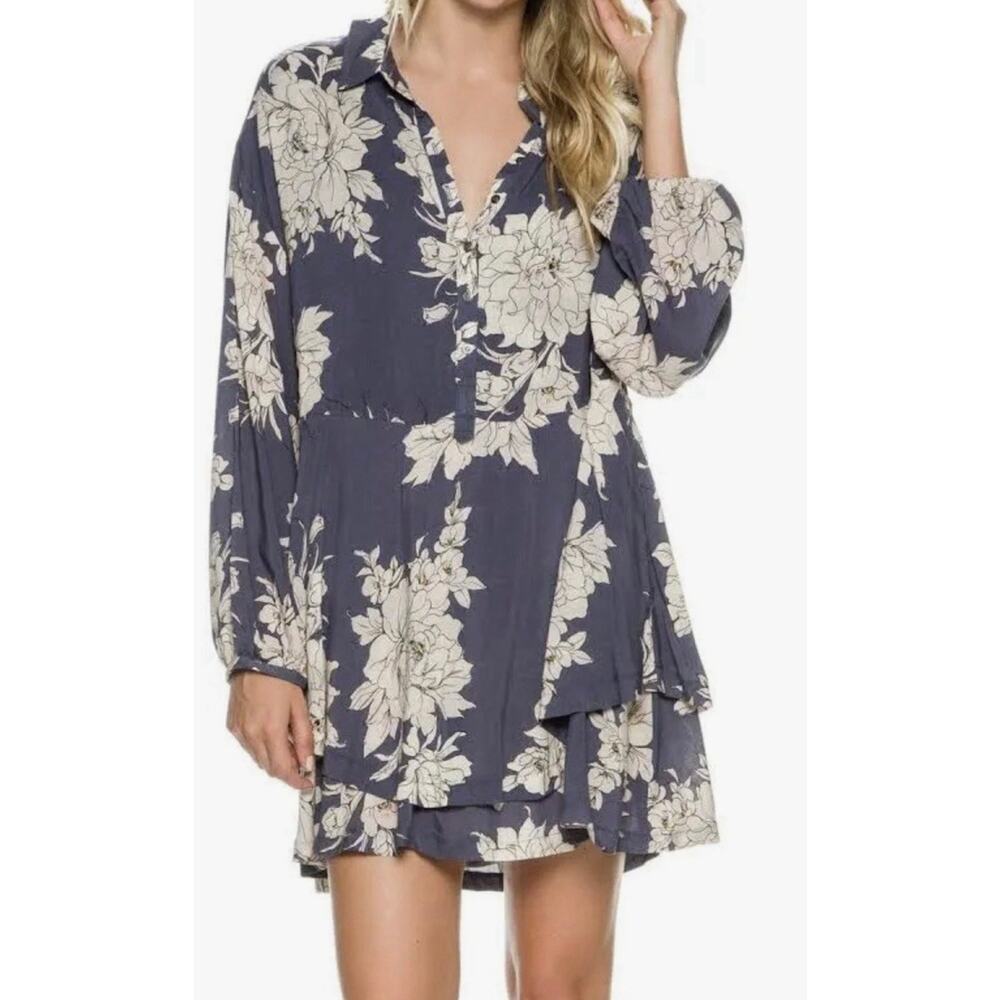 Free People Shake It Mini Shirtdress Shirt Dress Small Blue White